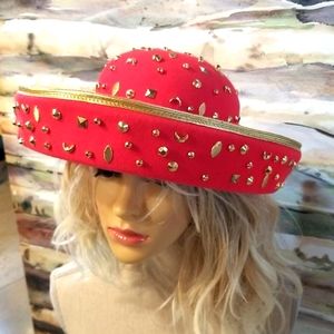 80's JACK MCCONNELL Luxury Boutique Embellished Gold Studs Wool Tomato Red Hat